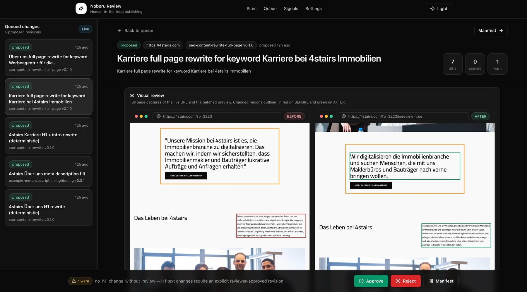 Noboru review surface: a full-page rewrite with a side-by-side visual review, the live page outlined in red and the patched preview in green