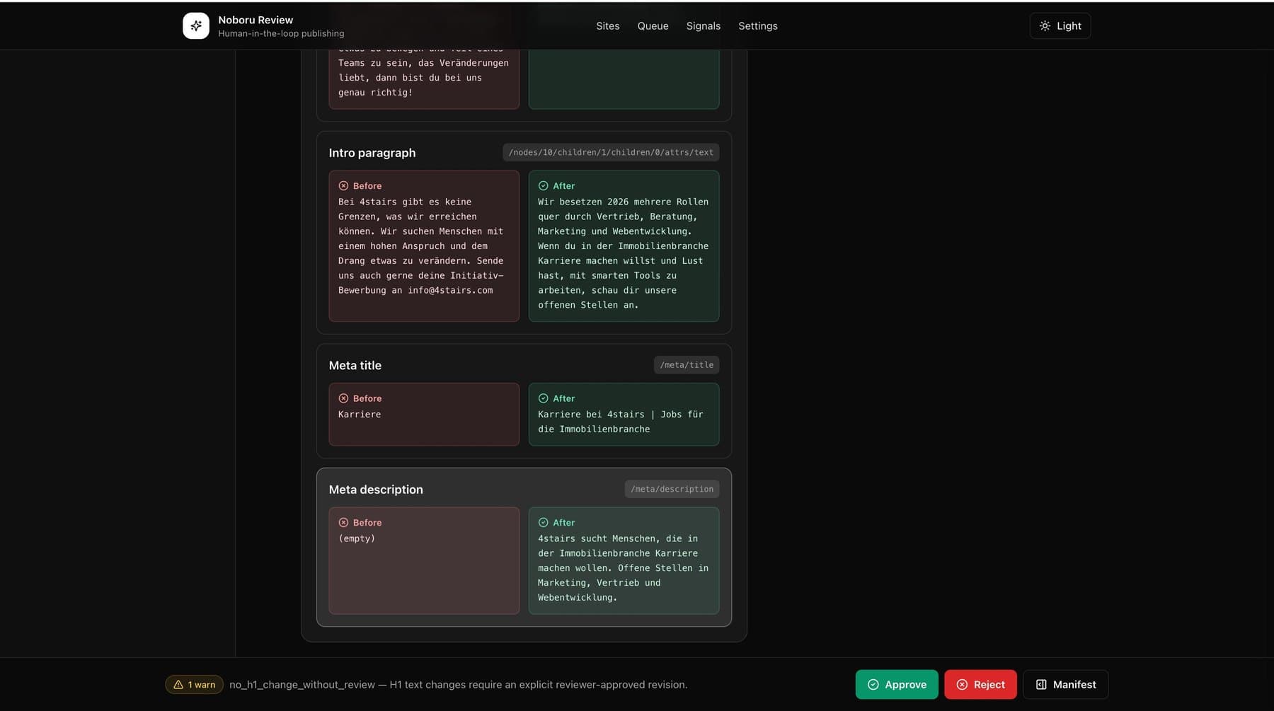 Per-field diff: before and after for the intro paragraph, meta title, and meta description, each mapped to its exact path